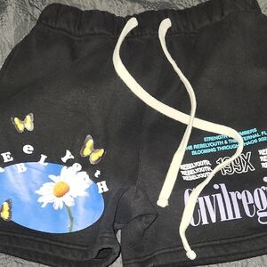 Black Graphic Shorts with Butterfly and Daisy Print